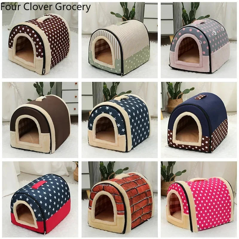 Pet Bed Dog House Kennel Soft Tent Indoor Enclosed Warm Plush Sleeping Nest Basket with Removable Cushion Travel Dog Accessory